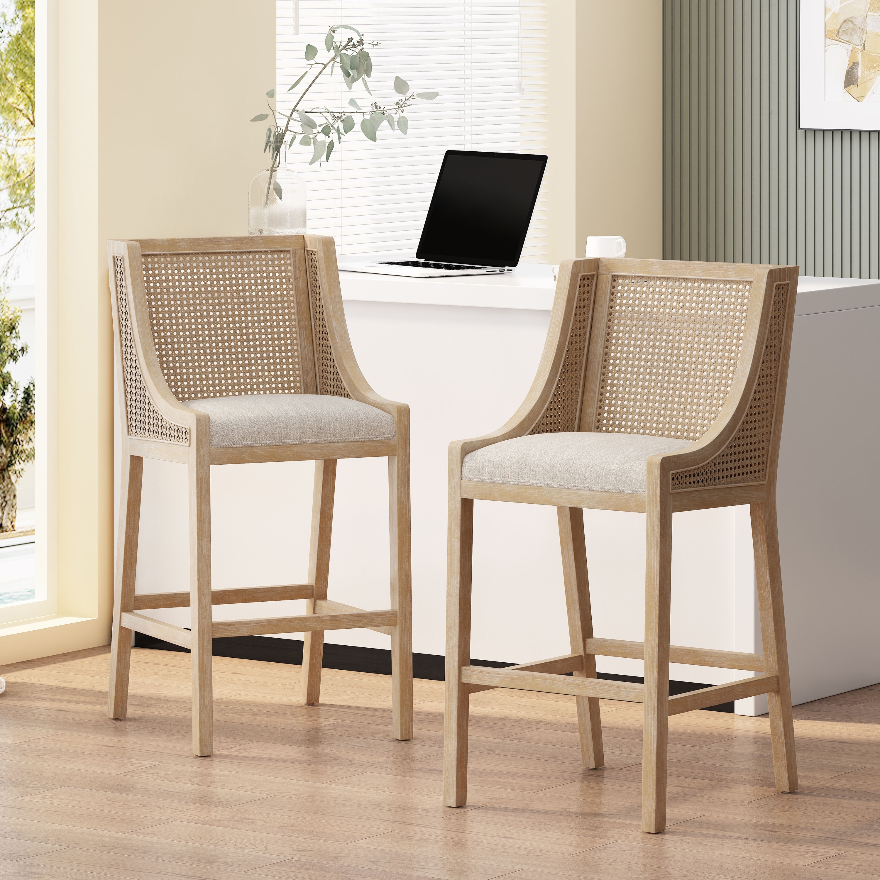 French Country Breck Upholstered Barstools with Cane Backrest (Set of 2) - 30-inch Seat Height by Christopher Knight Home