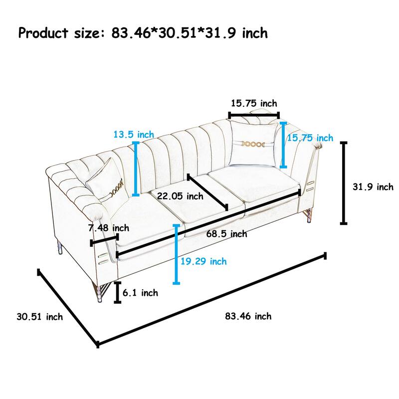 Chesterfield Velvet Button Tufted Sofa, Luxury 3-Seater Couch with 2 Pillows