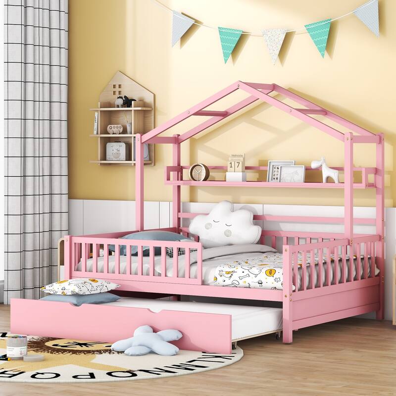 Cute Wooden Twin or Full House Bed with Trundle, Kids Bed Wood Platform Bed Frame with Safety Guardrail & Storage Shelf