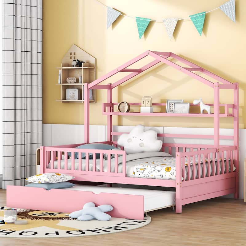 Full/Twin House Bed with Twin Trundle, Playhouse Bed for Kids with Storage Shelves, Pinewood and MDF Frame