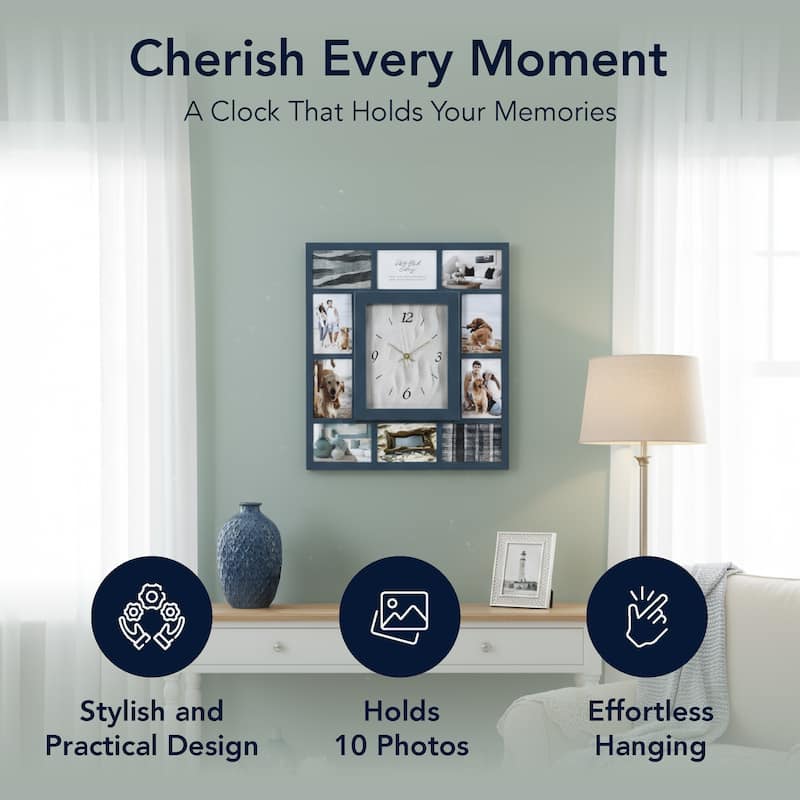 American Art Decor Picture Frame Collage Wall Clock 12 Photo Display Slots