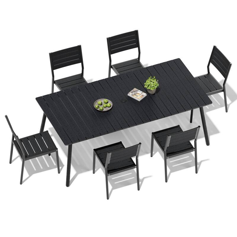 7 Pieces Outdoor Dining Set Aluminum Dining Table with Stackable Chairs - Black