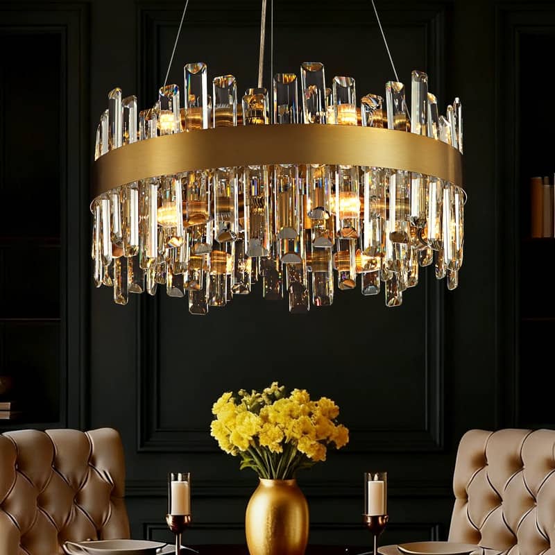 19.7'' Modern Crystal Chandelier Brass Gold Round 12-Light 2-Tier Luxury Crystal 19.7'' Raindrop Chandelier for Dining Room