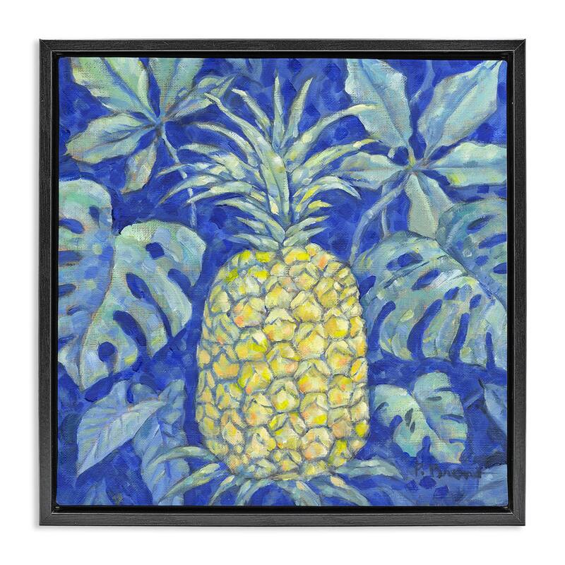 Stupell Tropical Pineapple on Blue Framed Floater Canvas Wall Art Design By Paul Brent - 25 x 25 - Black