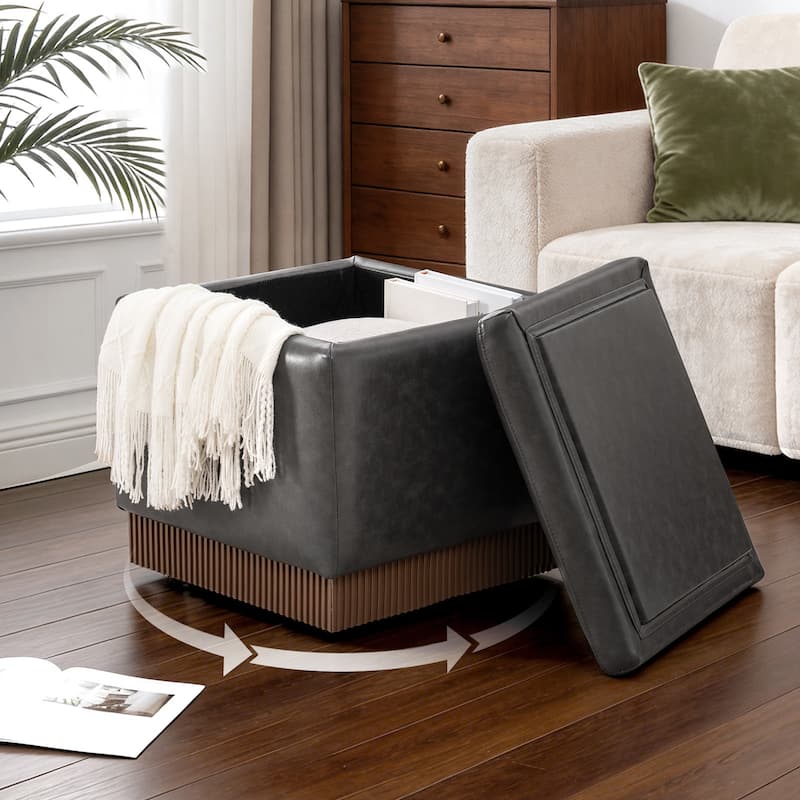Swivel Storage Ottoman Bench Footstool with Flip-top and Acacia Frame