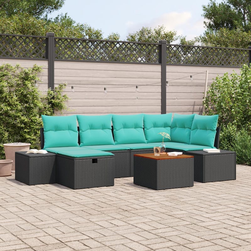 vidaXL 7 Piece Garden Sofa Set with Cushions Black Poly Rattan - 103.9×60.6×27.2