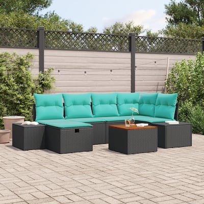 vidaXL 7 Piece Garden Sofa Set with Cushions Black Poly Rattan - 103.9×60.6×27.2