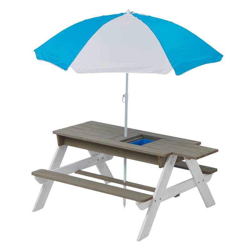 Wooden Kids Picnic Table, Sand and Water Table with Umbrella, Activity Table for Outdoor Backyard Patio Play
