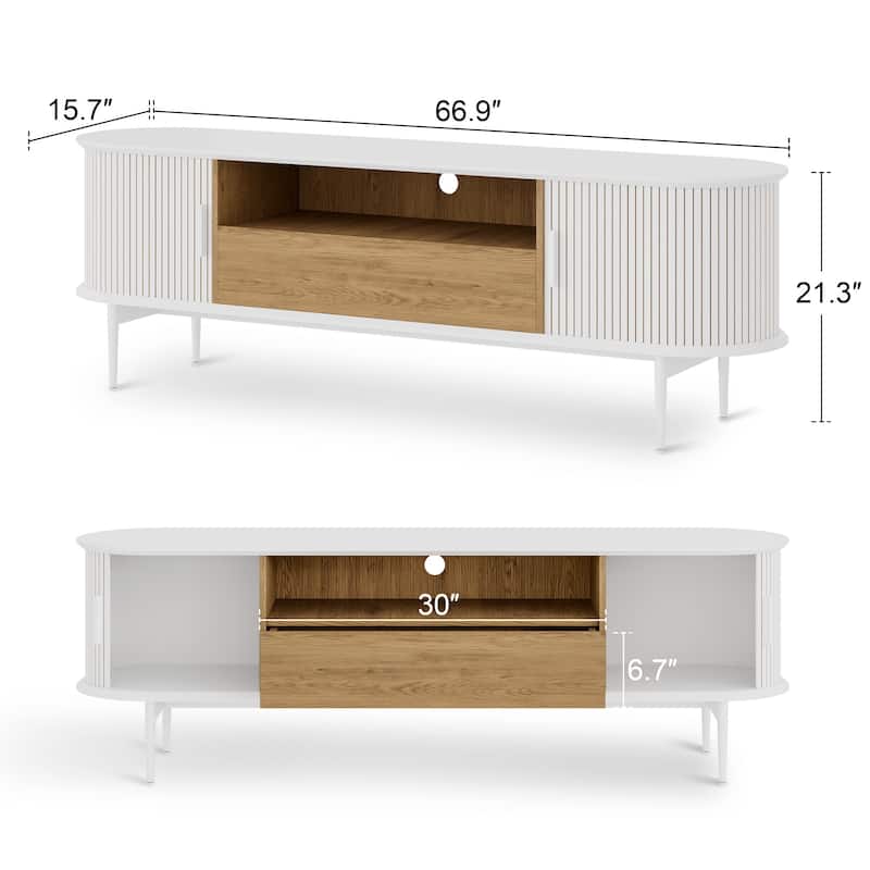 TV Stand with Drawer for TV Up to 75", Mid Century Entertainment Center with Fluted Door Cabinets & Cable Hole
