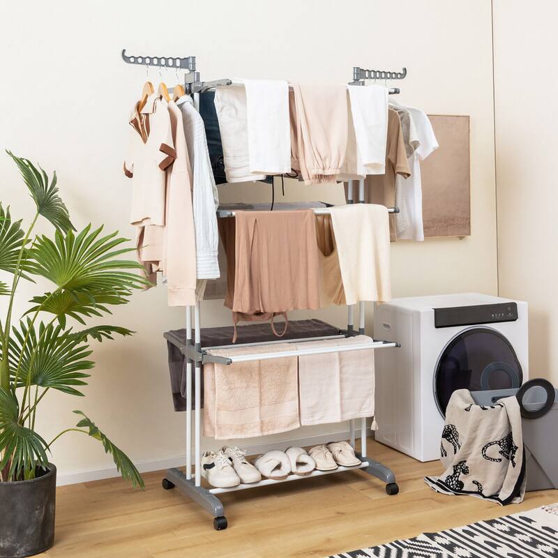 Gymax 3-tier Folding Clothes Drying Rack w/ Rotatable Side Wings &