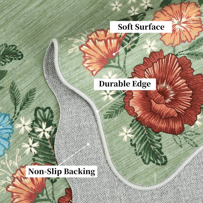 Area Rugs for Living Room Bedroom Washable Modern Floral Rug Scalloped Non-Slip Low Pile Carpet