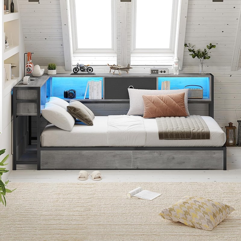 Daybed with 2 Drawers Platform Bed Frame LED Light Charging Station - Black - Twin