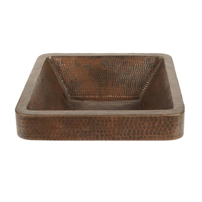 15" Square Skirted Vessel Hammered Copper Sink, Matching Drain and Accessories