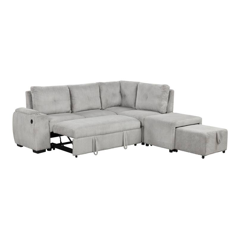 94" Corduroy Sectional Sofa Bed with Ottoman, Storage & USB Ports