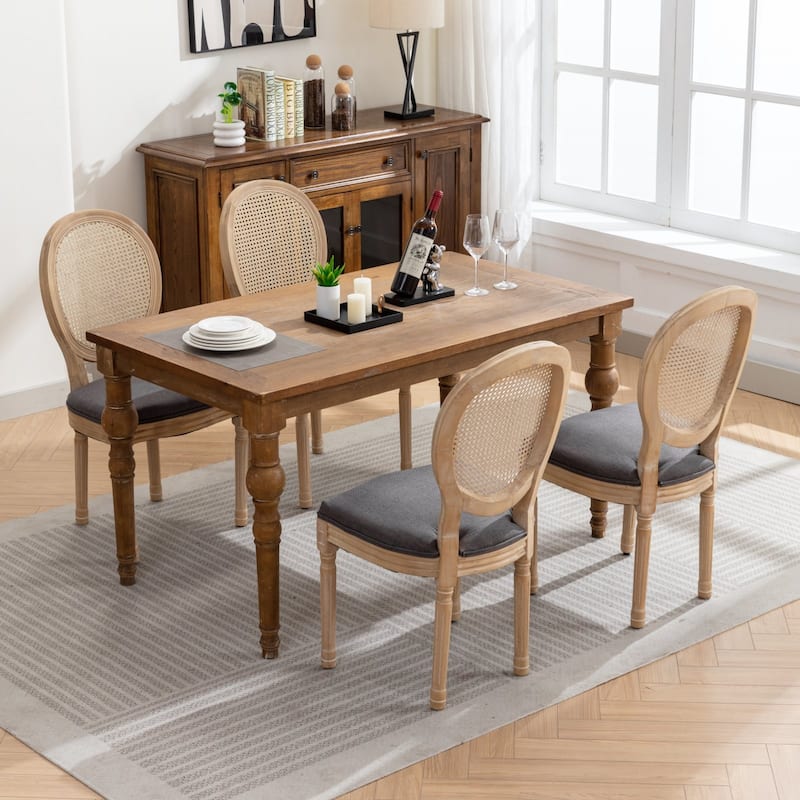 French Style Antique Painting Linen Fabric Rattan Back Dining Chair,Set of 2