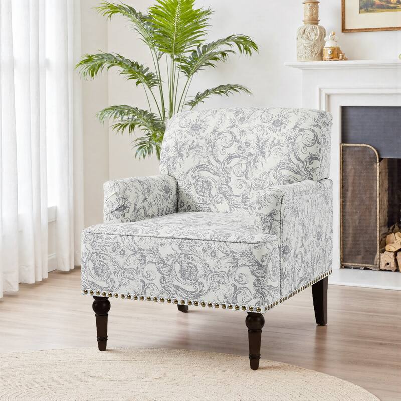 Linen Upholstered Armchair Nailhead Trim Accent Chair - SINGLE - ROCOCO LIGHT GRAY