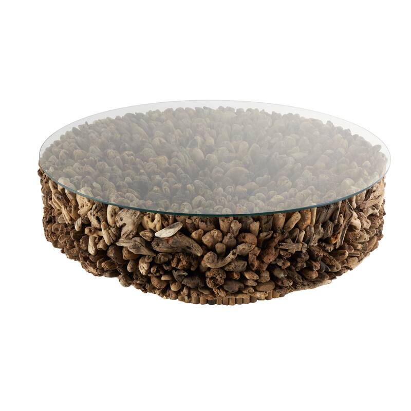 Driftwood Handmade Stacked Collage Coffee Table with Tempered Glass Top and Pedestal Base - Brown - Roche River Decor