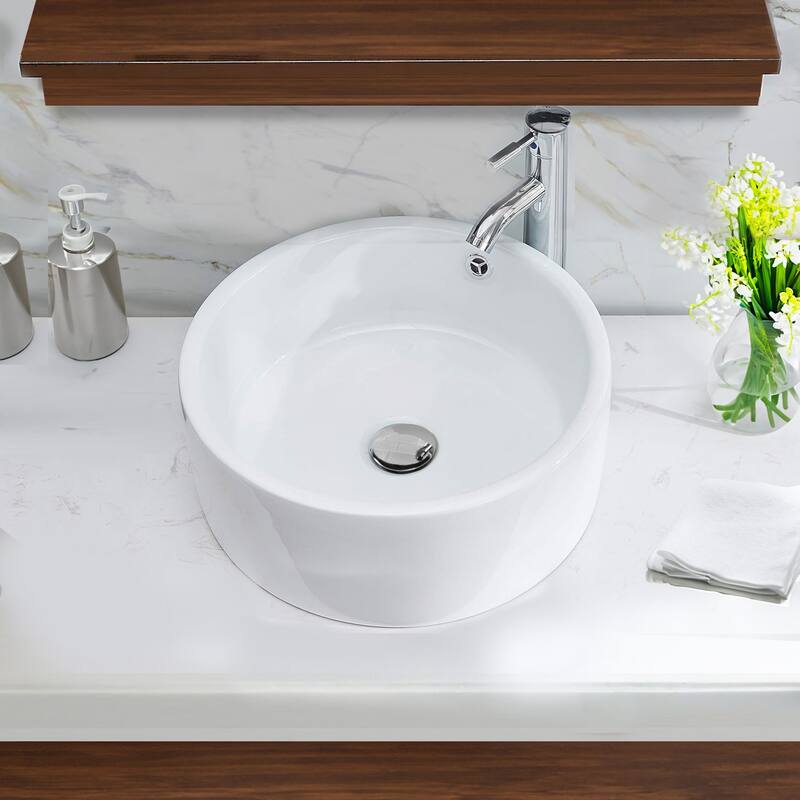 Highpoint Collection White 16-inch Round Ceramic Bathroom Vessel Sink