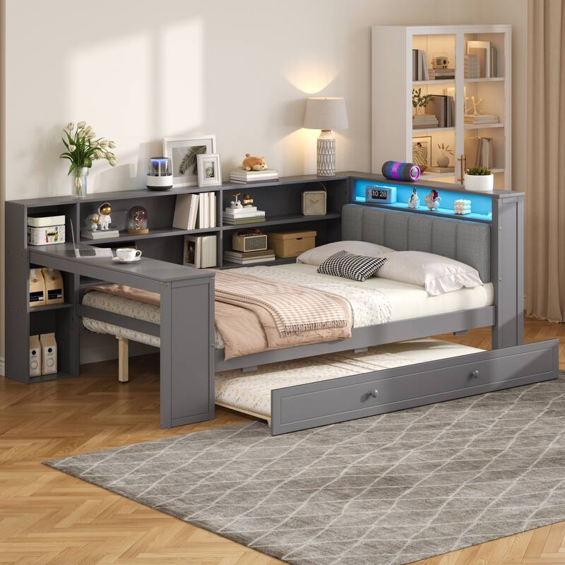 GDFStudio - Modern Wooden Platform Bed with Trundle, Storage Shelves, Desk, LED and Upholstered Headboard - Grey - Full