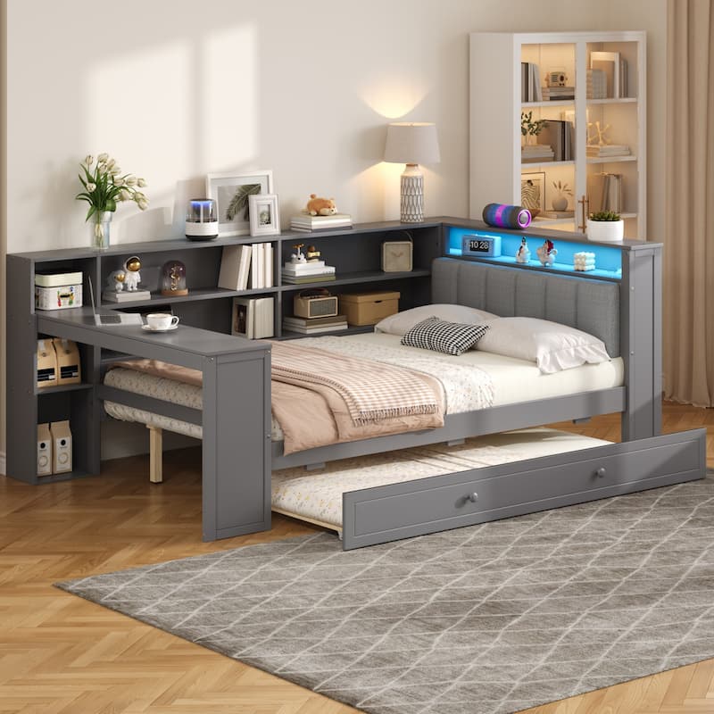 Wood Daybed with Desk, LED Upholstered Headboard, Storage Shelves Built-in Charging Station, Optional Drawers or Trundle