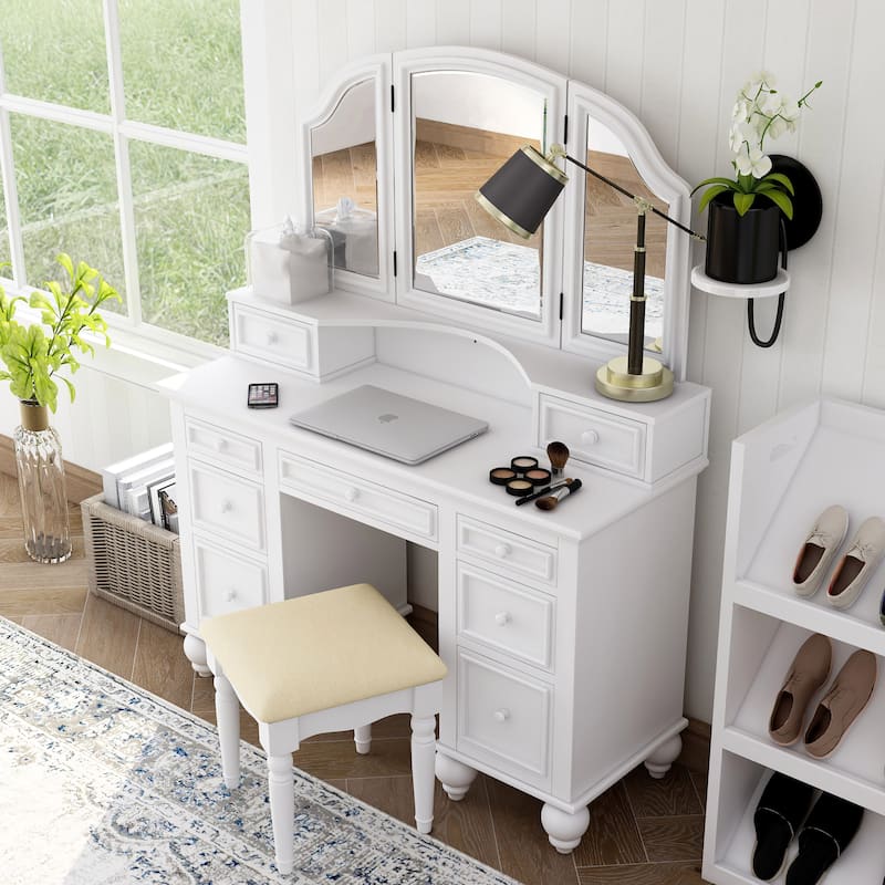 Boke Transitional Solid Wood 3-Piece Makeup Vanity Set with 3-side Mirror by Furniture of America