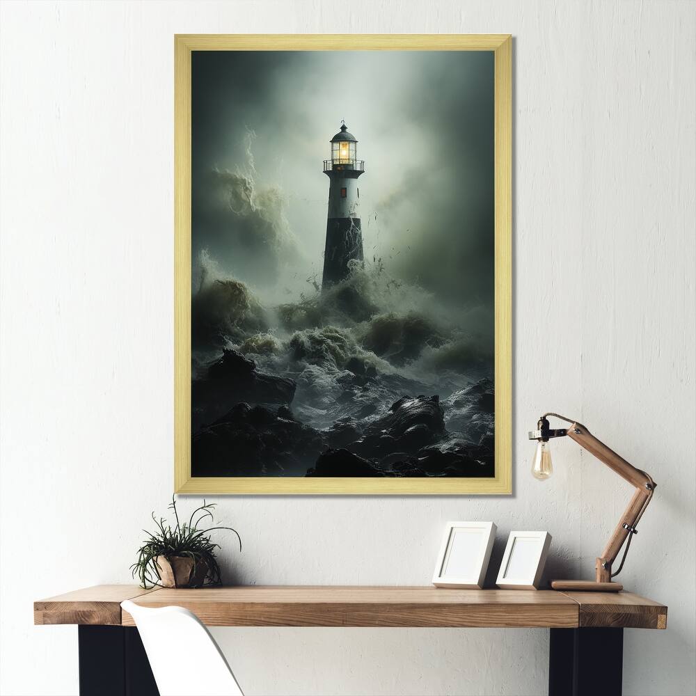 Designart "Lighthouse Battling The Stormy Waves I" Factories Framed Canvas Art Print