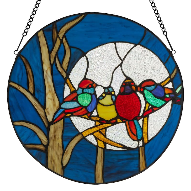 River of Goods 16"H Birds in the Night Sky Round Stained Glass Window Panel - 16"L x 0.25"W x 16"H