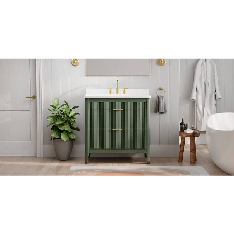 Modland 36" Freestanding Bathroom Vanity with Carrara Marble Top, Soft-Close Drawers, Fully Assembled, Green/Grey - 36 inch