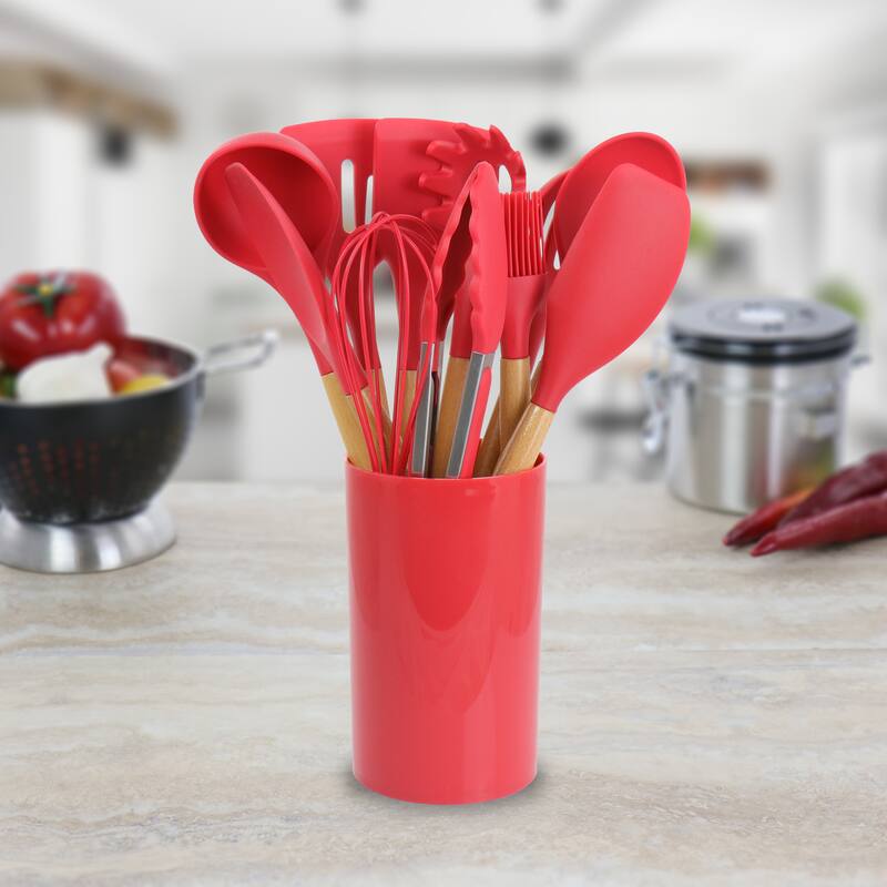 MegaChef 12 Piece Red Silicone and Wood Kitchen Utensil Set