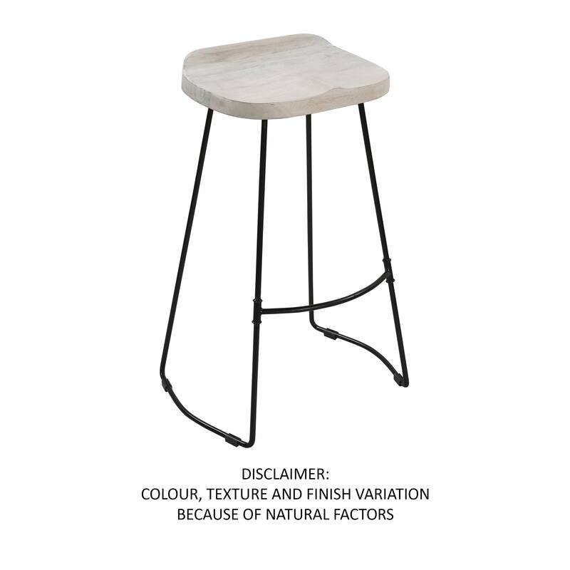 Tiva 30 Inch Handcrafted Backless Barstool, Whitewashed Mango Wood Saddle Seat, Black Metal Base
