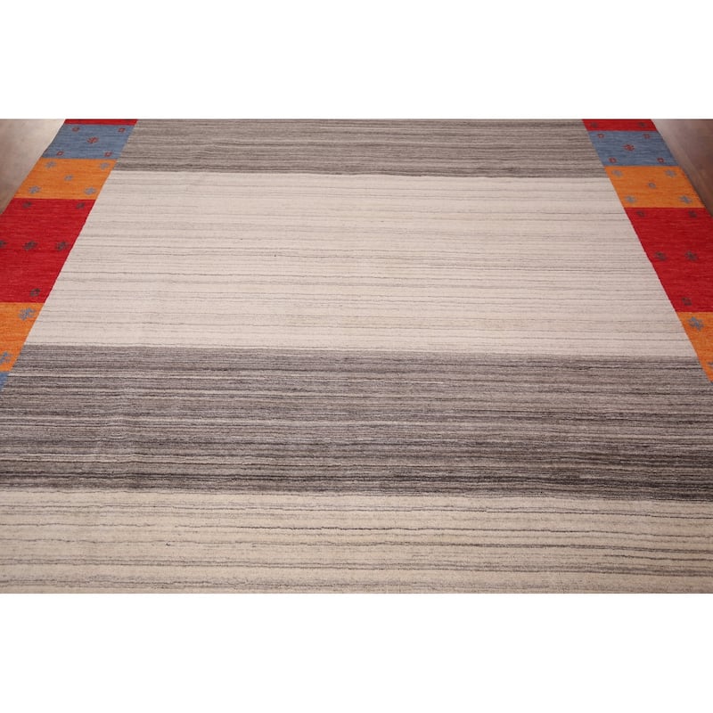 Striped Gabbeh Indian Area Rug Hand-Knotted Tribal Wool Carpet - 8'5"x 9'9"