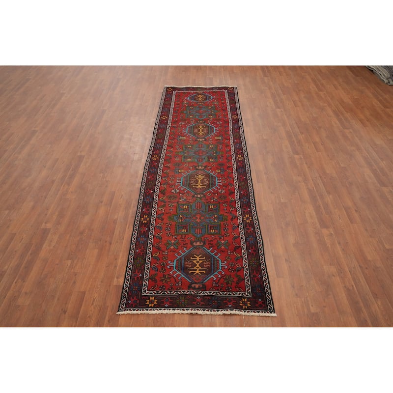 Hand Knotted Oriental 100% Wool Carpet Traditional Geometric Red Heriz Runner Rug - 10' 9'' X 3' 2''