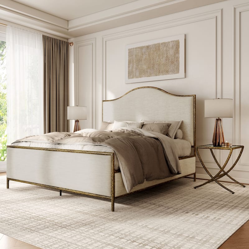 247 Shop At Home Lalia Modern 3-Piece Upholstered Hammered Metal Camelback Bedroom Set with 2 Nightstands