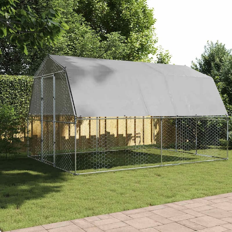 vidaXL Chicken Cage with Roof and Door Hen Coop Outdoor Silver Galvanized Steel - 147.6" x 112.2" x 90.6"