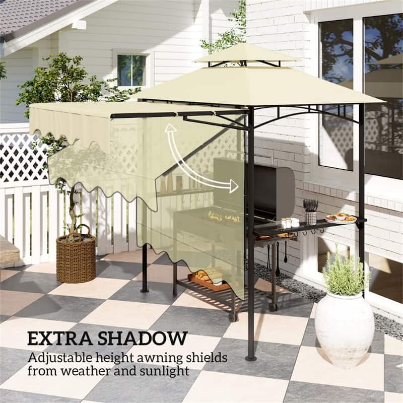 Brown Grill Gazebo with Powder-Coated Metal Frame Adjustable Awning Double Top PA-Coated Polyester Canopy Side Shelves