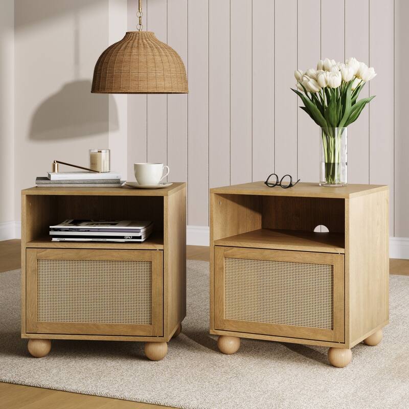 Franco Faux Rattan Side Table Nightstand with Storage, Rustic Bedside Table with Solid Wood Legs