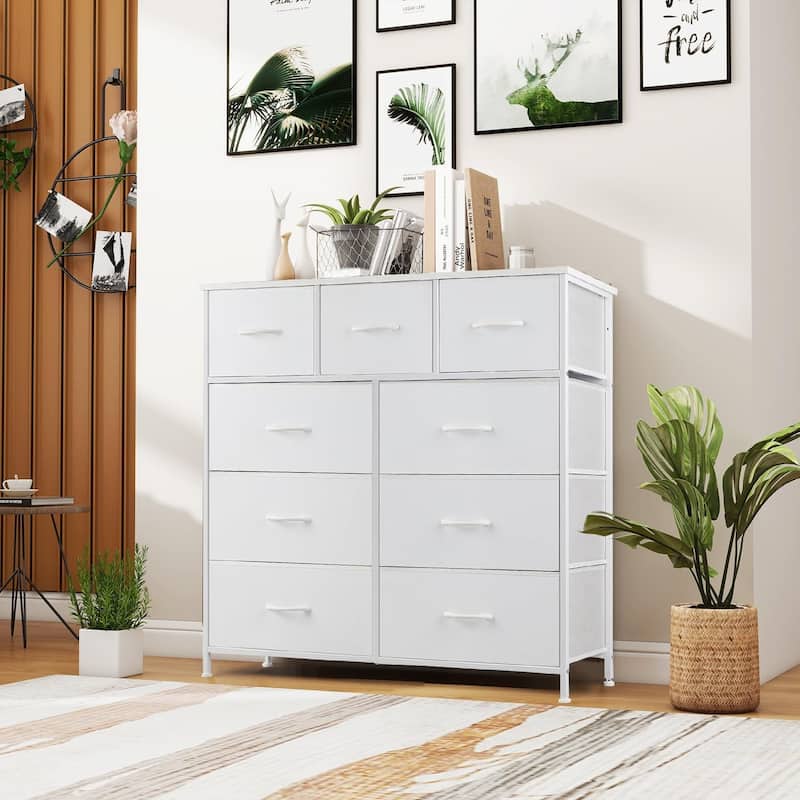 Dresser for Bedroom, Storage Organizer with 9 Drawers, Chest of Drawers with Fabric Bins, Sturdy Metal Frame, Wood Tabletop