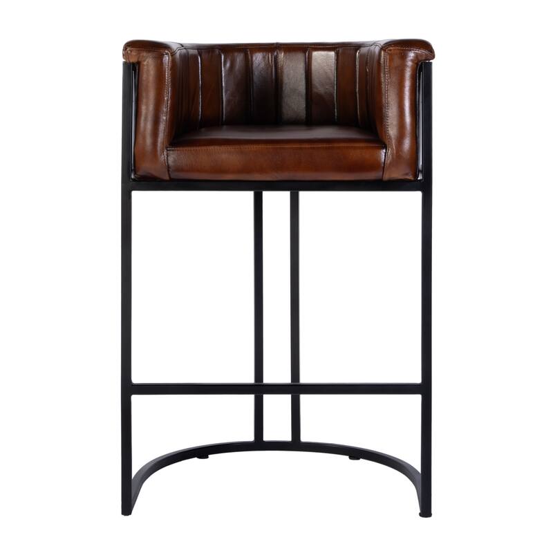 Rockford 29 in. Seat Height Leather and Iron Barrel Bar Stool with Footrest