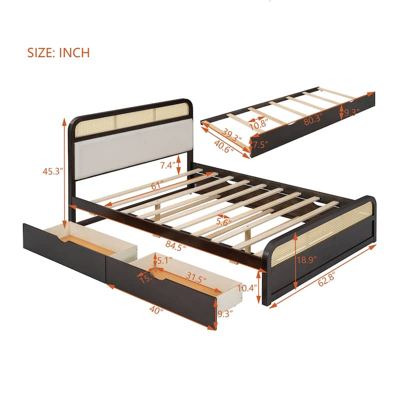 Queen Size Bed with 2 Storage Drawers and Trundle, Wood Platform Bed Frame with Upholstered Headboard, Low Profile Platform Bed