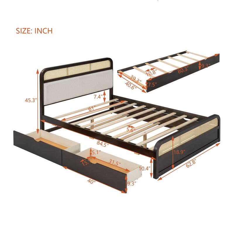 Rattan Platform Bed Queen Wooden Bed Frame with Twin Trundle and 2 Drawers, Headboard with Padded Cushion Mattress Not Included