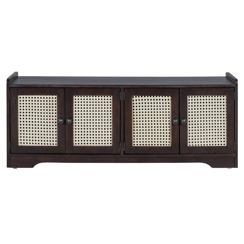 Rustic Storage Bench Multifunctional Wood Entryway Shoe Bench with Removable Cushion, Woven Rattan Doors & Adjustable Shelves
