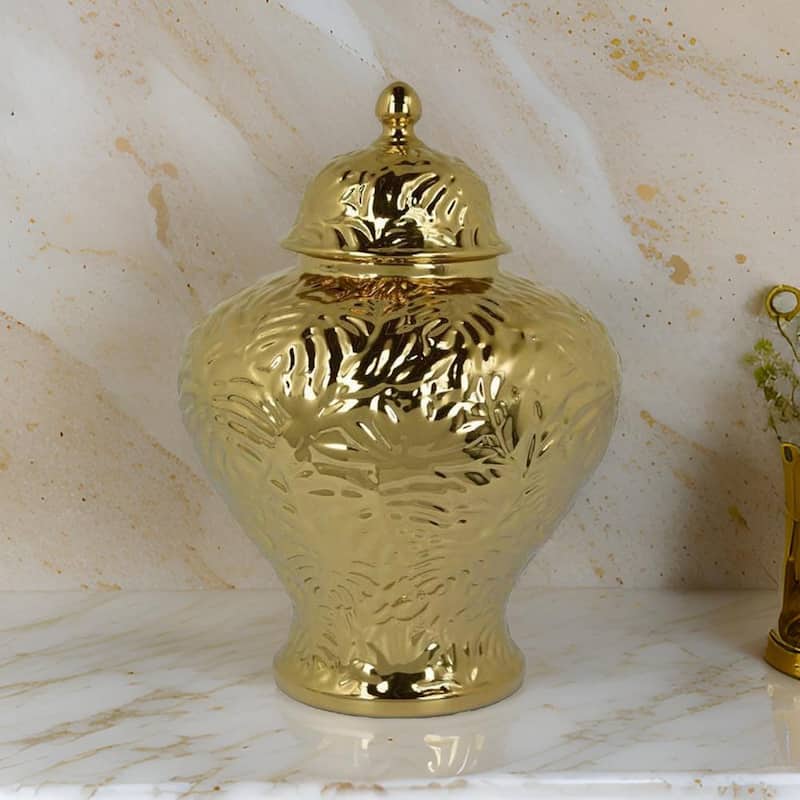Aniea 18 Inch Accent Temple Jar, Geometric Design, Dome Lid, Gold Ceramic