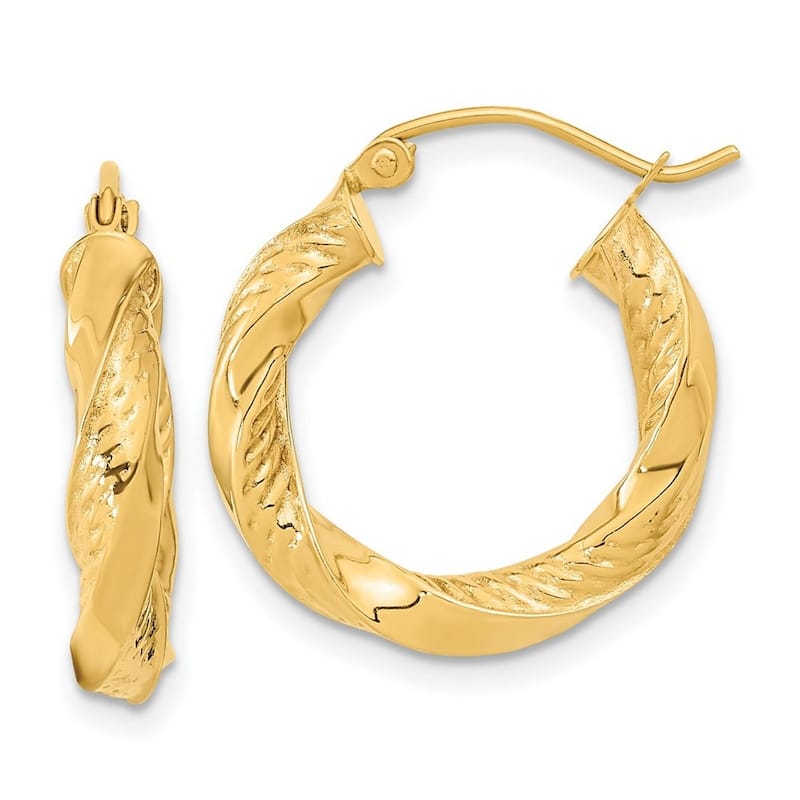 Curata 14k Yellow Gold 3.8x21mm Polished Textured Twisted Hoop Earrings