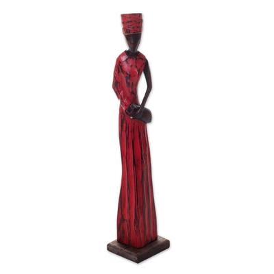 Handmade Lady Merchant Wood Sculpture (Indonesia) - 24.5" H x 5" W x 4.3" D