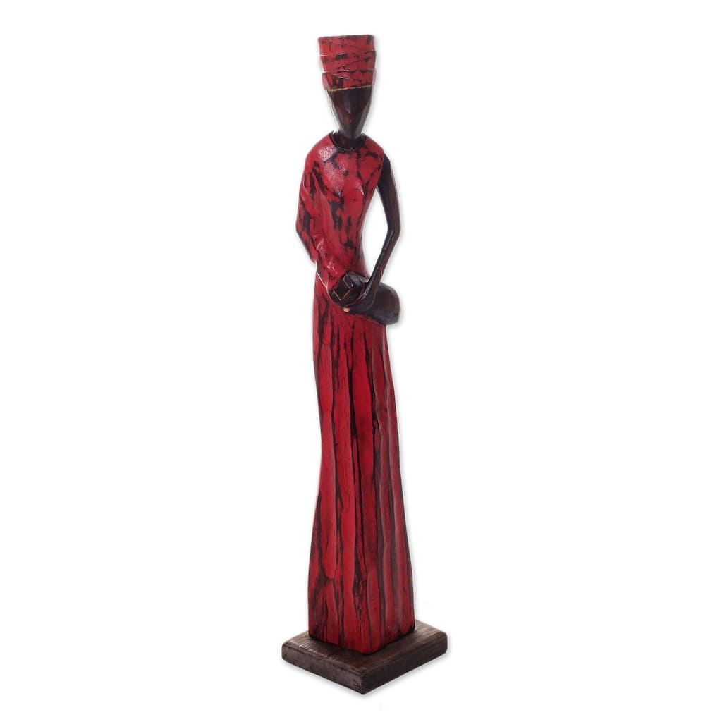 Handmade Lady Merchant Wood Sculpture (Indonesia) - 24.5" H x 5" W x 4.3" D