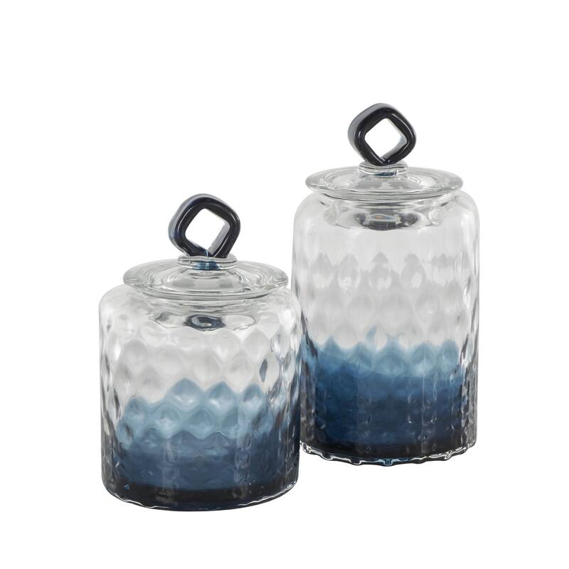 Glass Geometric Faceted Ombre Decorative Jars with Diamond Knobs - Set of 2 Dark Blue - Roche River Decor