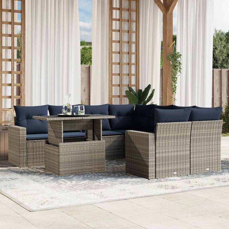 vidaXL Patio Sofa Set with Cushions and Table Outdoor 9 Piece Poly Rattan - 24.4 x 24.4 x 27.2 - Gray without storage