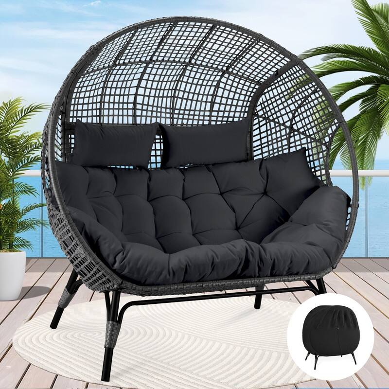 FINCATI 2-Person Wicker Egg Chair, 680 lb Capacity - Dark Grey/Cover