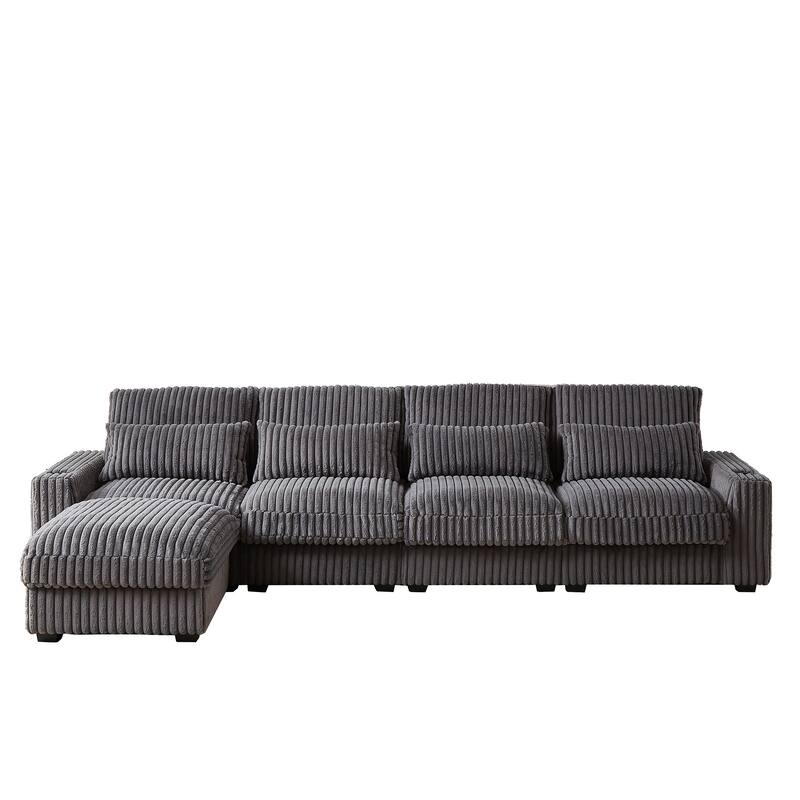 Modern 126-inch Corduroy Sofa with 4 Cushions, Movable Footrest, USB Ports, and Cup Holders