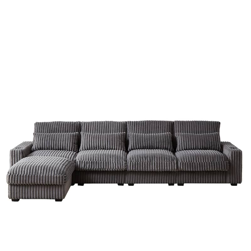 Super Large 126-Inch Corduroy L-Shaped Sofa with Cup Holders, USB Port, Movable Footrest, and 8 Cushions.